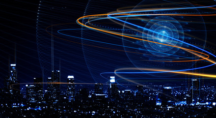 Blue sphere on city background