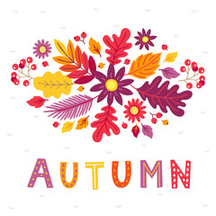 Autumn greeting card with flower, rowan, oak leaves