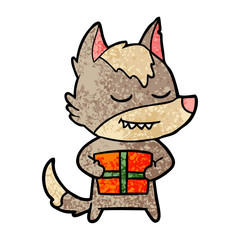 friendly cartoon wolf carrying christmas present