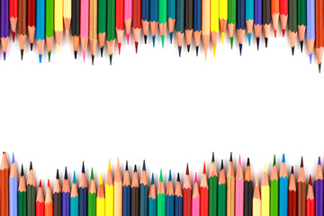 Close up of group color pencils or crayon set isolated on white background. Pencil colors on white background with horizontal white space for text.