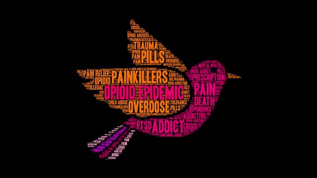 Opioid Epidemic Animated Word Cloud on a black background. 