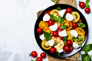 Spring salad with tomato, cheese and basil, gray background, top view
