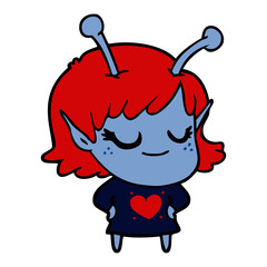 smiling alien girl cartoon with love heart