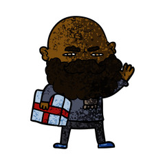 cartoon man with beard frowning with xmas gift