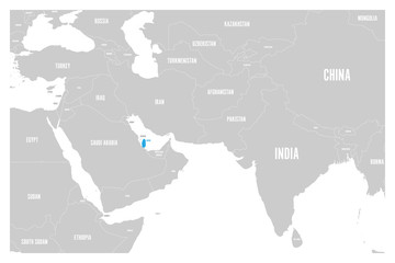 Qatar blue marked in political map of South Asia and Middle East. Simple flat vector map..