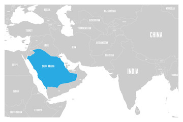 Saudi Arabia blue marked in political map of South Asia and Middle East. Simple flat vector map..