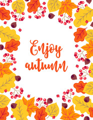 Fototapeta na wymiar Autumn greeting card with rowan, berry, hazelnut and leaves