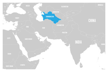 Turkmenistan blue marked in political map of South Asia and Middle East. Simple flat vector map..