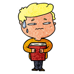 cartoon anxious boy carrying book