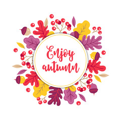 Autumn greeting card with rowan, oak leaves, acorn, berry