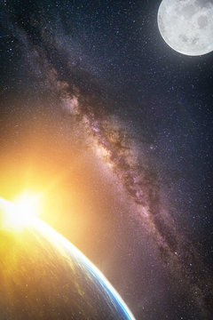 Fototapeta Landscape with Milky way galaxy. Sunrise and Earth view from space with Milky way galaxy and full moon. (Elements of this image furnished by NASA)