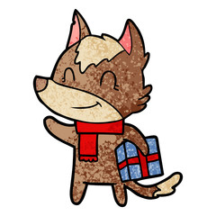 friendly cartoon wolf with present