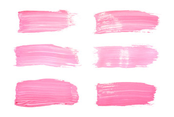 Vector pink paint smear stroke stain set. Abstract pink glittering textured art illustration. Acrylic Texture Paint Stain Illustration. Hand drawn brush strokes vector elements. Acrilyc strokes.
