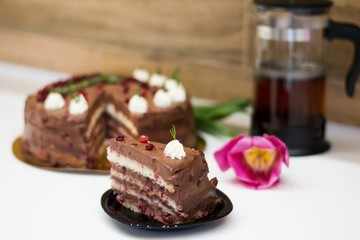 Slice of chocolate cake for mothers day. Tasty chocolate cake with berries and whipped cream made for mothers day on table close up. Sweet chocolate cake for mothers day and tea with pink tulip.