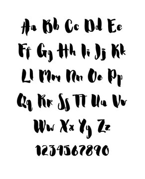 Handwritten brush style modern cursive font isolated on white background.