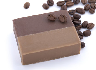 Coffee soap with coffee beans isolated on white background