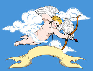 Cute little Cupid is aiming from a crossbow