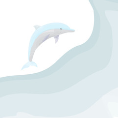 Vector illustration of watercolor dolphin jumps over the waves of ocean