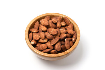 Almonds in brown bowl on white background