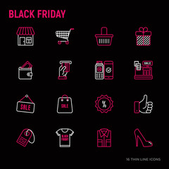 Black friday sale thin line icons set: store, shopping cart, wallet, credit card, payment, thumbs up, badge, special offer. Modern vector illustration.