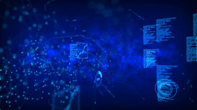 4K Animation Dot circle with connection line with HUD graph bar element on the dark background with grain processed