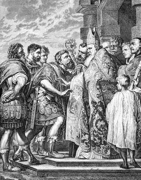 Vintage engraving from a famous Peter Paul Rubens painting: Milan archbishop Saint Ambrose bars the Roman emperor Theodosius and his entourage from entering the cathedral in IV century