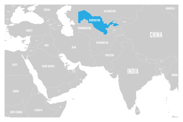 Uzbekistan blue marked in political map of South Asia and Middle East. Simple flat vector map..