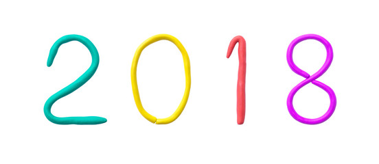 Closeup colorful plasticine for kid in 2018 number in new year concept isolated on white background with clipping path