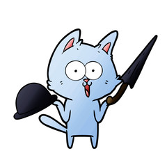 funny cartoon cat with hat and umbrella