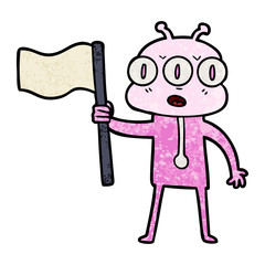 cartoon three eyed alien waving flag