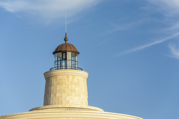 top of a lighthouse  against a beautiful blue sky