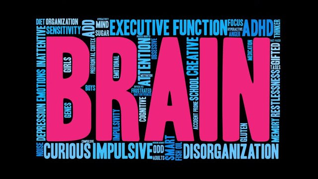 Brain ADHD Animated Word Cloud on a black background. 