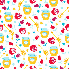 Rosh Hashanah Jewish New Year seamless pattern with honey, pomegranate