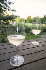 white wine glasses on wooden table at garden