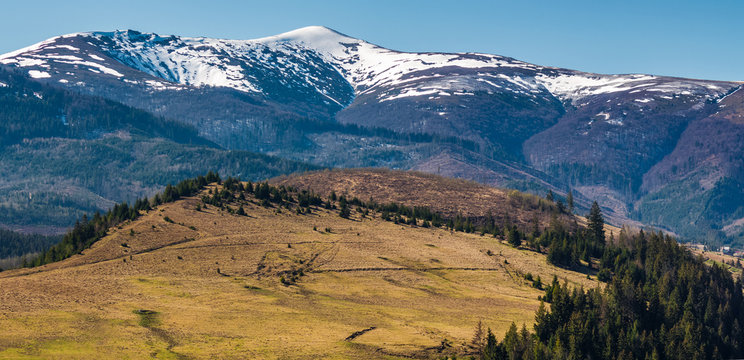 Borzhava mountain ridge with snowy tops. lovely nature scenery of Carpathians in springtime