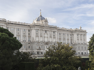 View of the Royal palace from the garden of Sabatini. Madrid, Spain.
