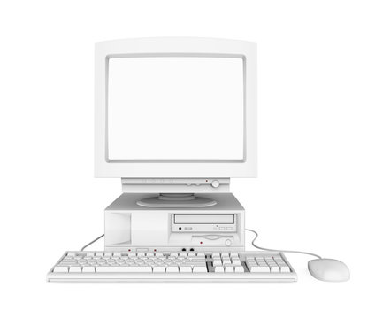 Old Desktop Computer with a Blank White Screen Monitor, Keyboard and Mouse Isolated