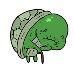 cute cartoon old turtle with walking stick