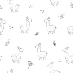 Cute seamless pattern with funny llama. vector illustration
