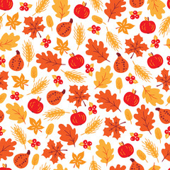 Thanksgiving Day seamless pattern with apple, wheat, cranberry, leaves, pumpkin