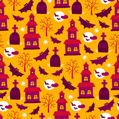 Halloween seamless pattern with castle, bat, moon, tree, tomb, star