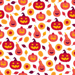 Halloween seamless pattern with leaves, pumpkin, cookies