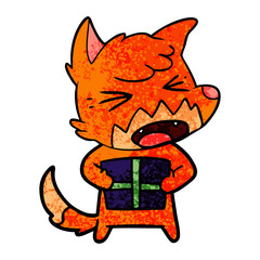 angry cartoon fox with christmas present