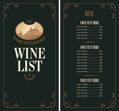 Vector Wine list with a price list. Wine menu for restaurant or cafe with the landscape of European village and vineyards in curly frame in retro style on black background