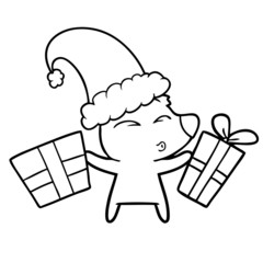 cartoon whistling bear with xmas gifts