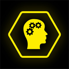 Neon Button Polygon - Kopf mit Zahnrädern - Brainstorming