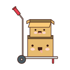hand truck with kawaii cardboard boxes stacked and one opened in colorful silhouette