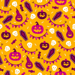 Halloween seamless pattern with pumpkin, scull, garland, candy, coffin