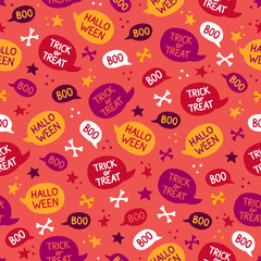 Halloween seamless pattern with bones, stars and speech bubbles