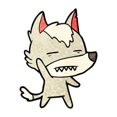 cartoon wolf waving showing teeth